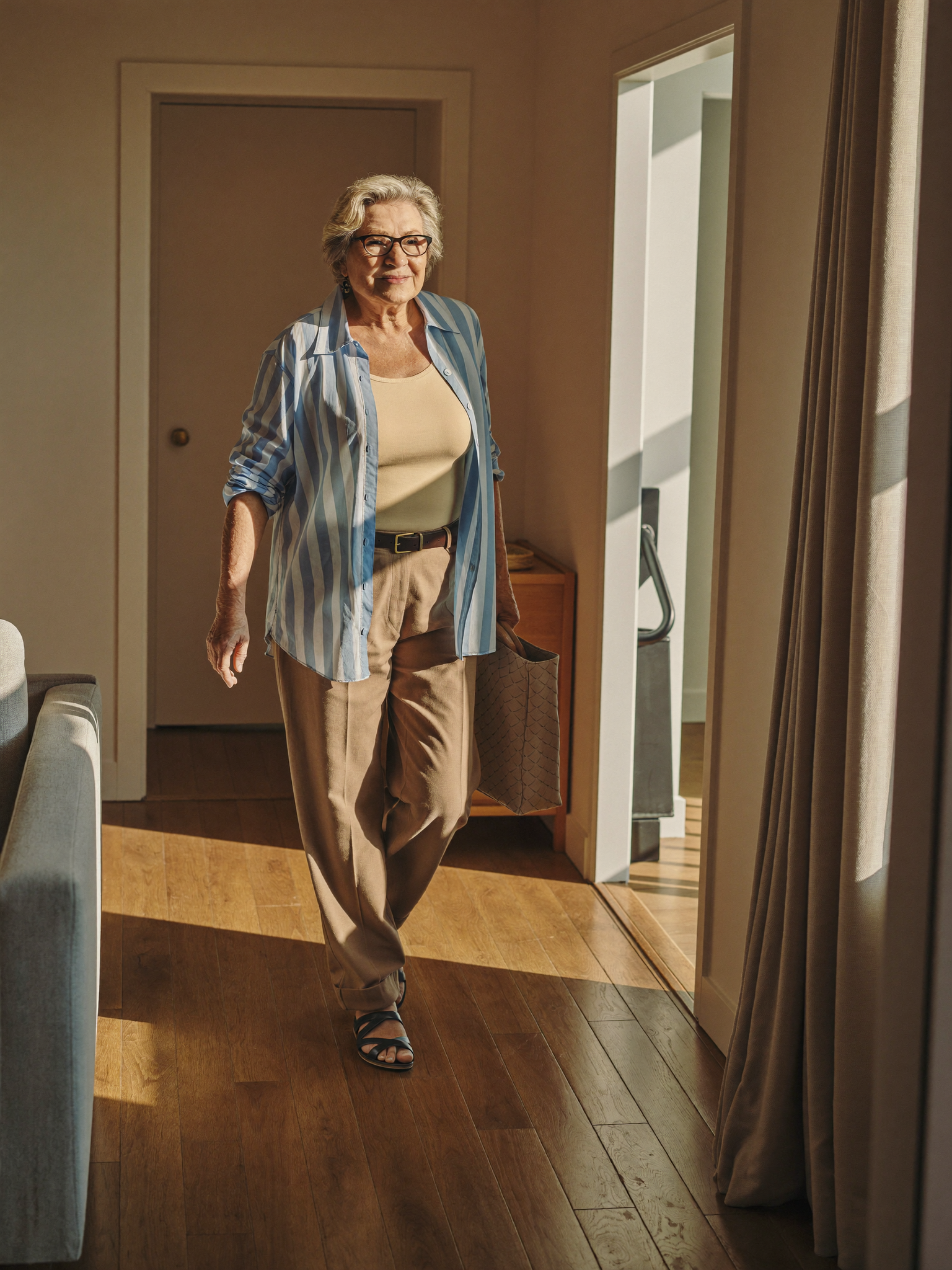 Senior woman walking safely through a tidy, well-lit living room