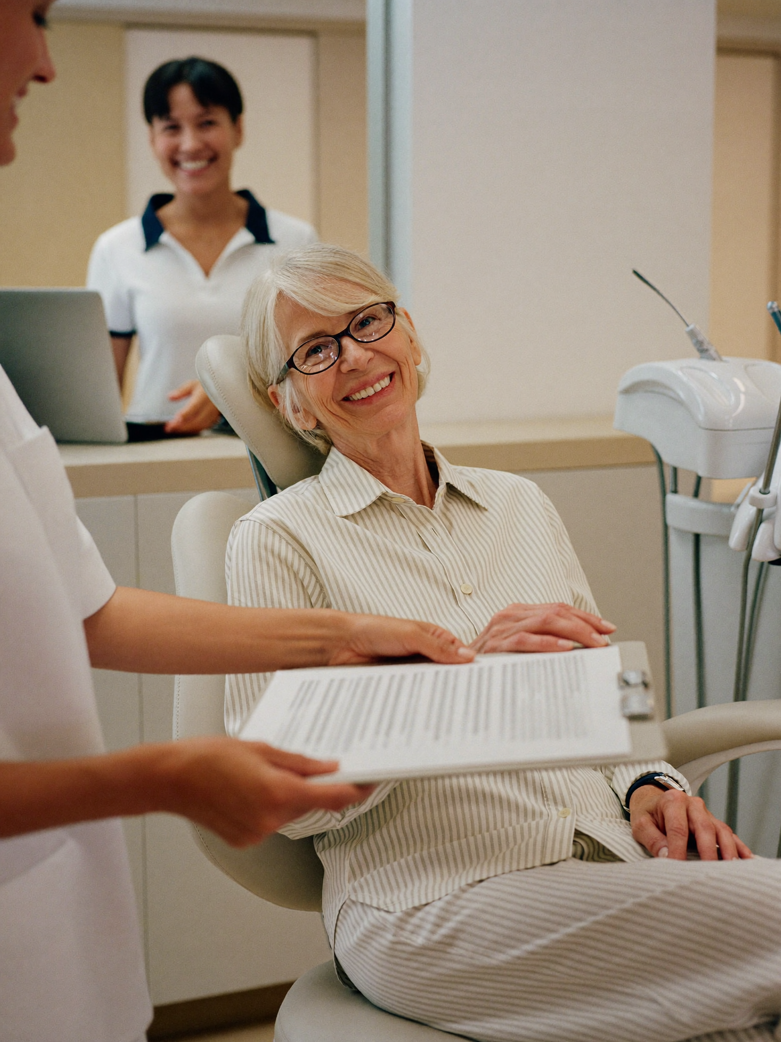 Senior woman smiling at a dental office reception