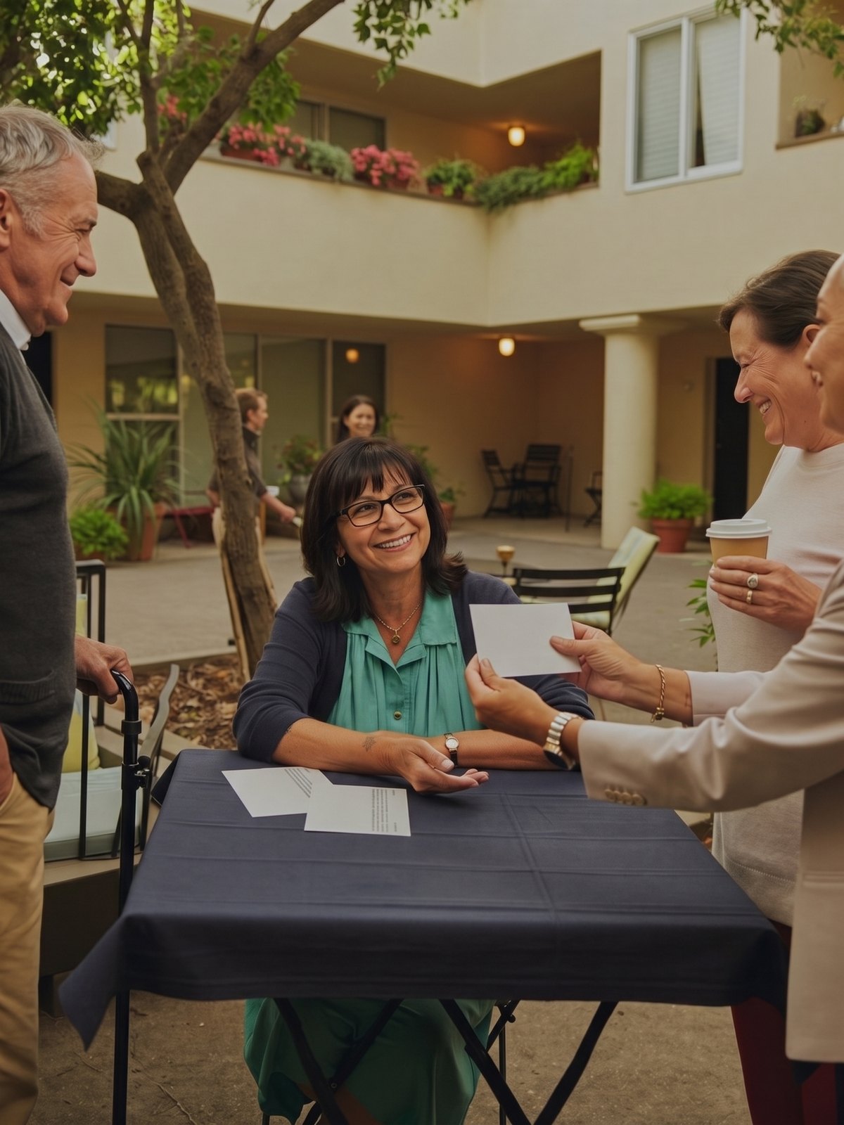 A licensed agent listening to neighbors' Medicare questions at a table in an apartment courtyard