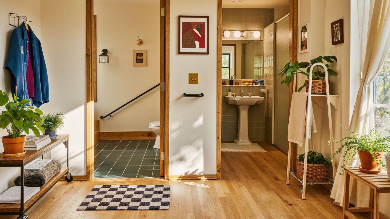 Confident senior woman walking steadily through a bright, uncluttered hallway at home